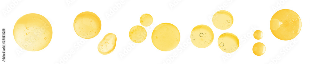 Drops of golden serum on white background, set