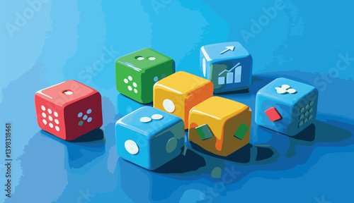 Colorful dice on blue background, Business icons, Green cubes with graph symbols, White cubes with people icons, Red cube with speech bubble, Minimalist composition, Concept of teamwork and analytics