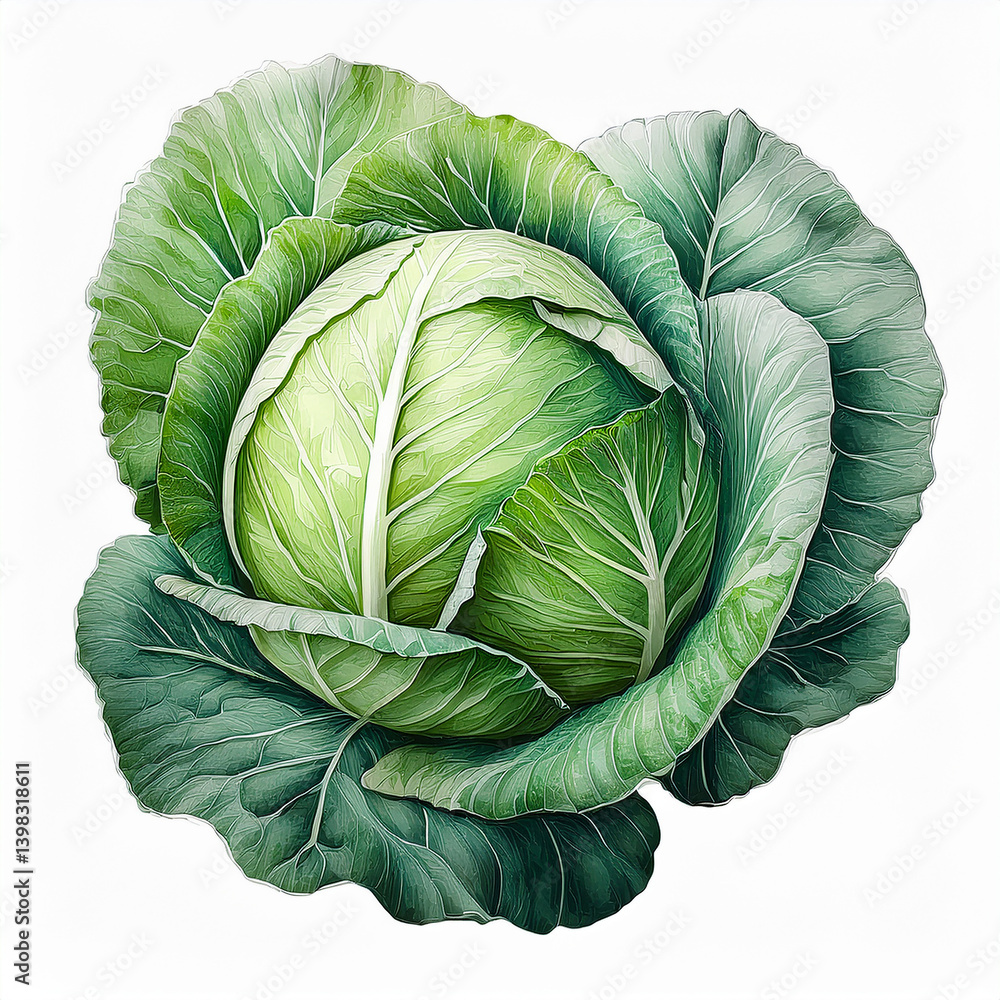 Obraz premium Watercolor painting of fresh green cabbage. Healthy farm vegetable. Vegan, organic food.