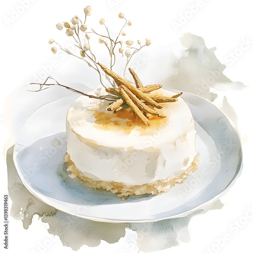 Creative watercolor of a Korean style ginseng cheesecake