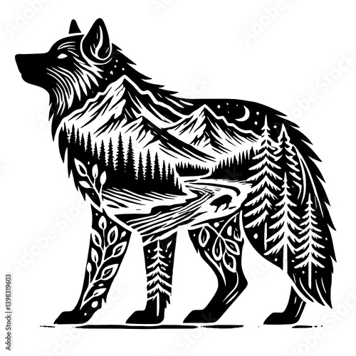 Double Exposure Wolf with Forest and Mountains Vector Illustration