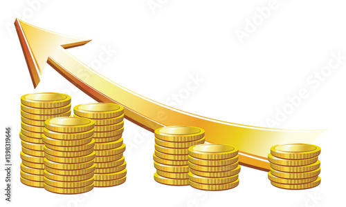 Illustration of gold coin stacks decreasing in height with a rising golden arrow