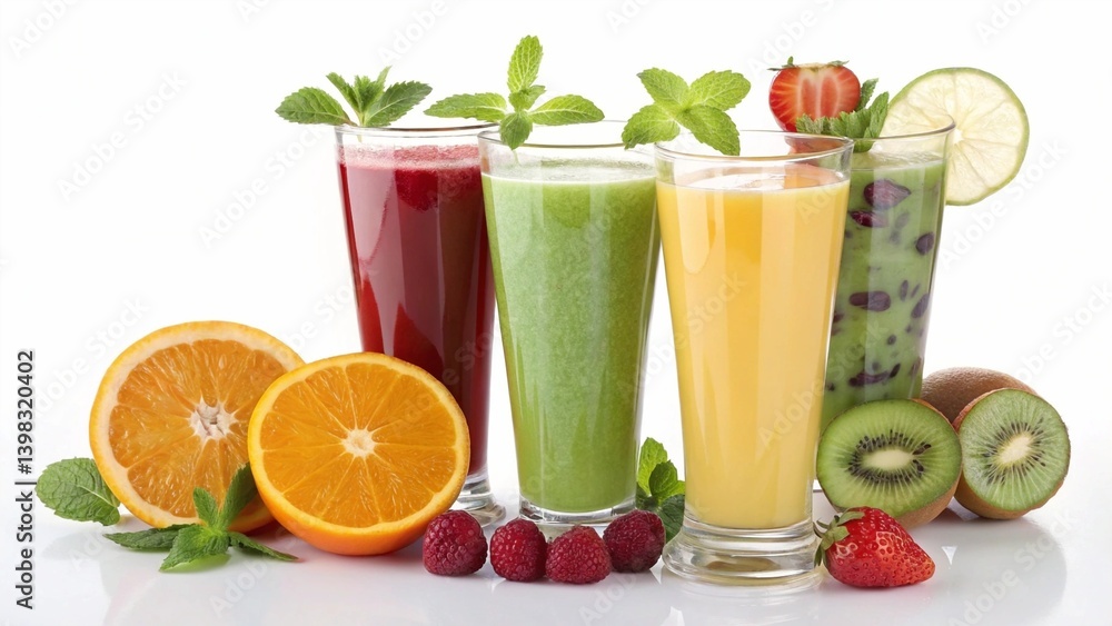 4 glasses of fresh juice with fruit slices isolated on a white background 4 glasses of fresh juice with fruit slices isolated on a white background