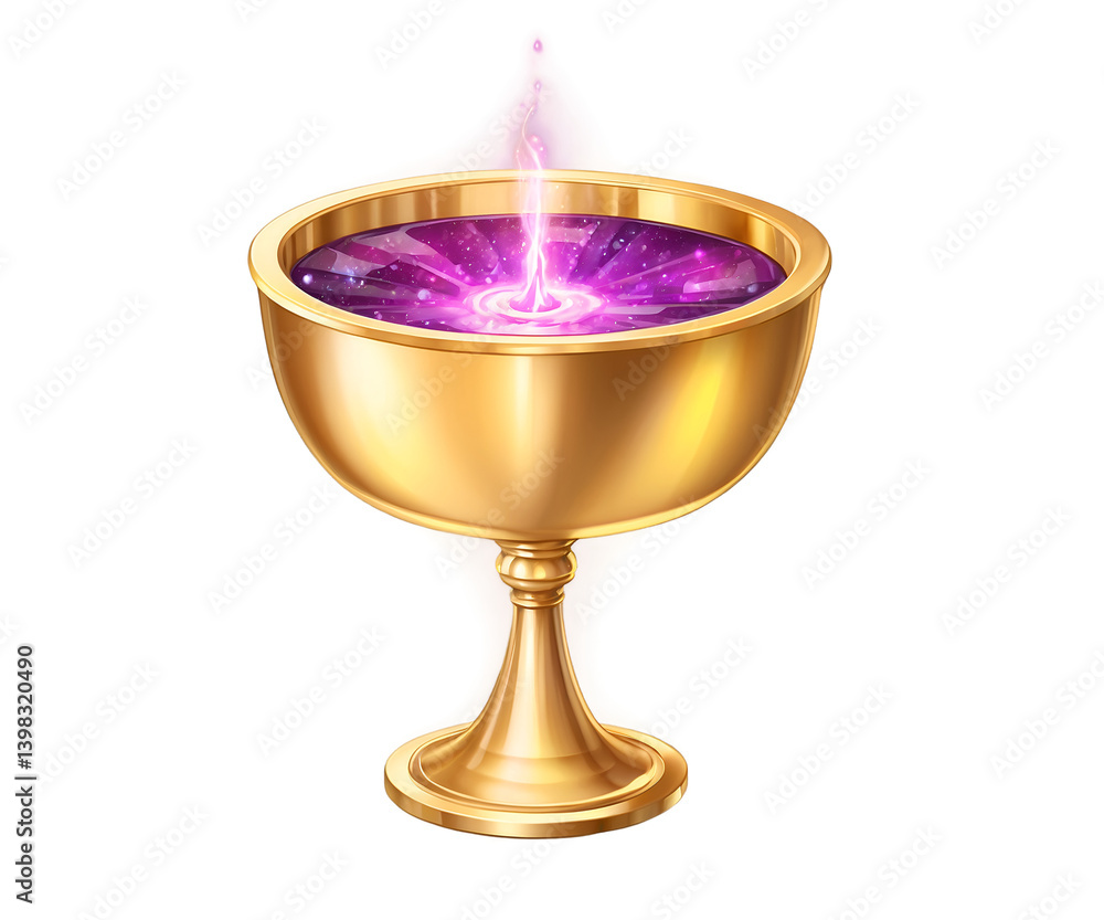 Elegant golden chalice filled with a swirling galaxy-like liquid, radiating a captivating aura, evoking a sense of mystery and enchantment, perfect for fantasy themes