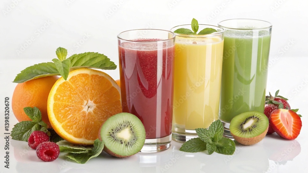 Fototapeta premium 3 glasses of fresh juice with fruit slices isolated on a white background