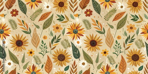 Vibrant floral pattern featuring sunflowers and leafy motifs on a warm background.