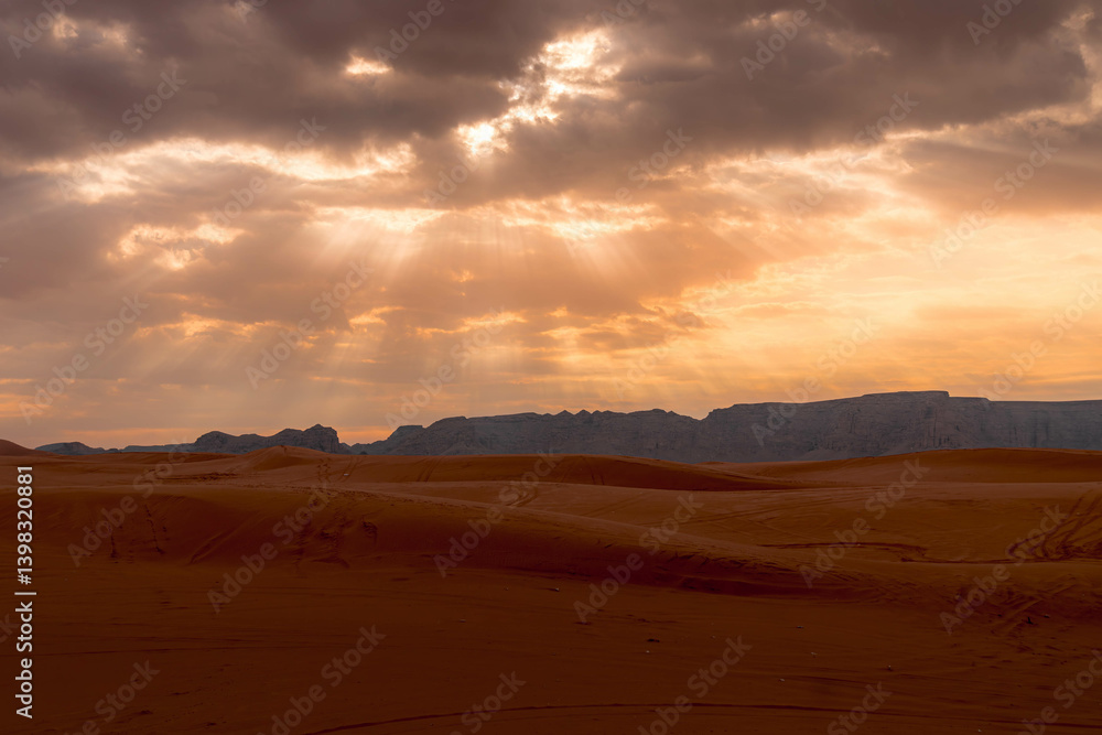 Stunning panoramic view of vibrant red dunes near Red Sand, Saudi Arabia, bathed in golden desert light.
Stunning panoramic view of vibrant red dunes near Red Sand, Saudi Arabia, bathed in golden desert light.