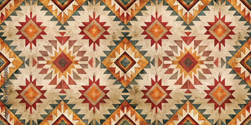 Intricate geometric patterns in warm earthy tones create a vibrant textile design.
