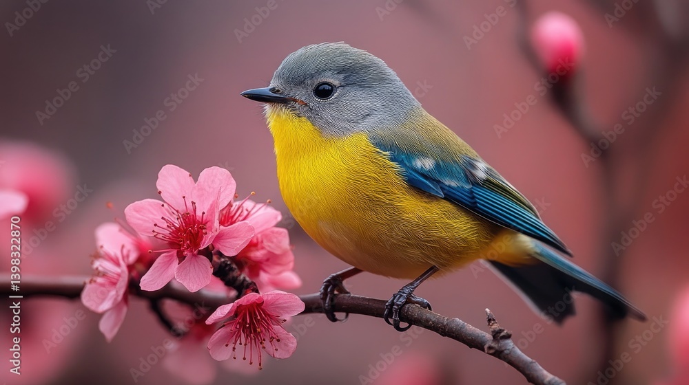 a small bird perched gracefully on a branch adorned with pink blossoms a small bird perched gracefully on a branch adorned with pink blossoms