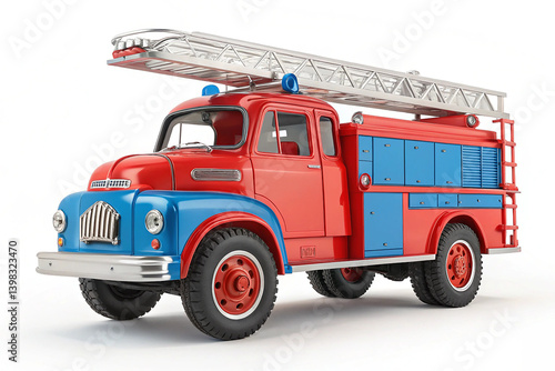 Colorful Toy Fire Truck isolated on white background. A bright, colorful toy fire truck isolated on a white background, ideal for children s playtime or educational themes