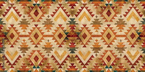 Colorful geometric pattern with warm tones and tribal-inspired designs.