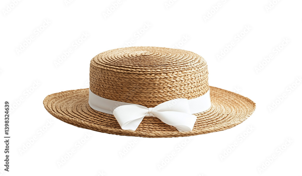 Straw Boater Hat with White Satin Ribbon - Isolated on Transparent Background Straw Boater Hat with White Satin Ribbon - Isolated on Transparent Background
