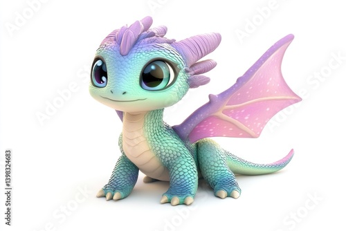 Adorable baby dragon with pastel scales and large eyes, sitting on a white background.