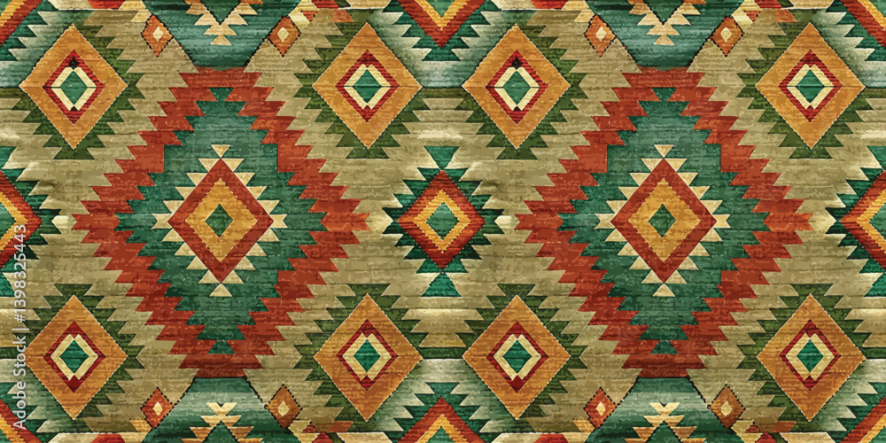Colorful geometric pattern featuring diamonds and triangles in earthy tones. Colorful geometric pattern featuring diamonds and triangles in earthy tones.