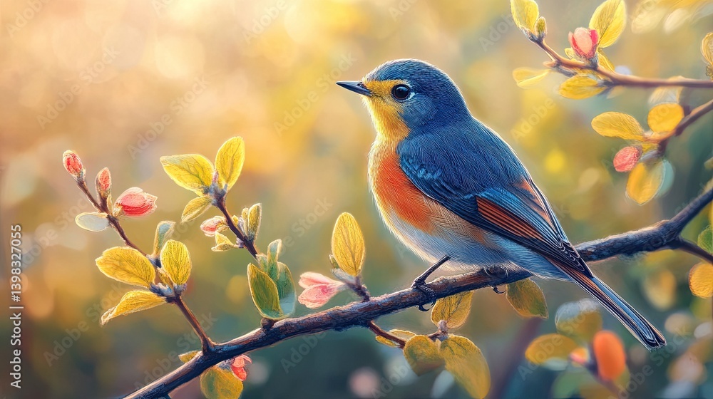 Colorful Bird Perched on Branch with Vibrant Foliage, A Lively Wildlife Scene in Spring Colorful Bird Perched on Branch with Vibrant Foliage, A Lively Wildlife Scene in Spring