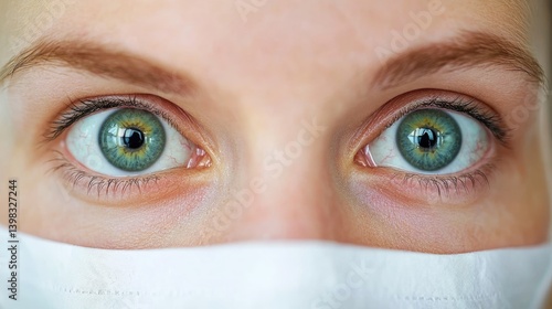 Wide green eyes behind a white face mask