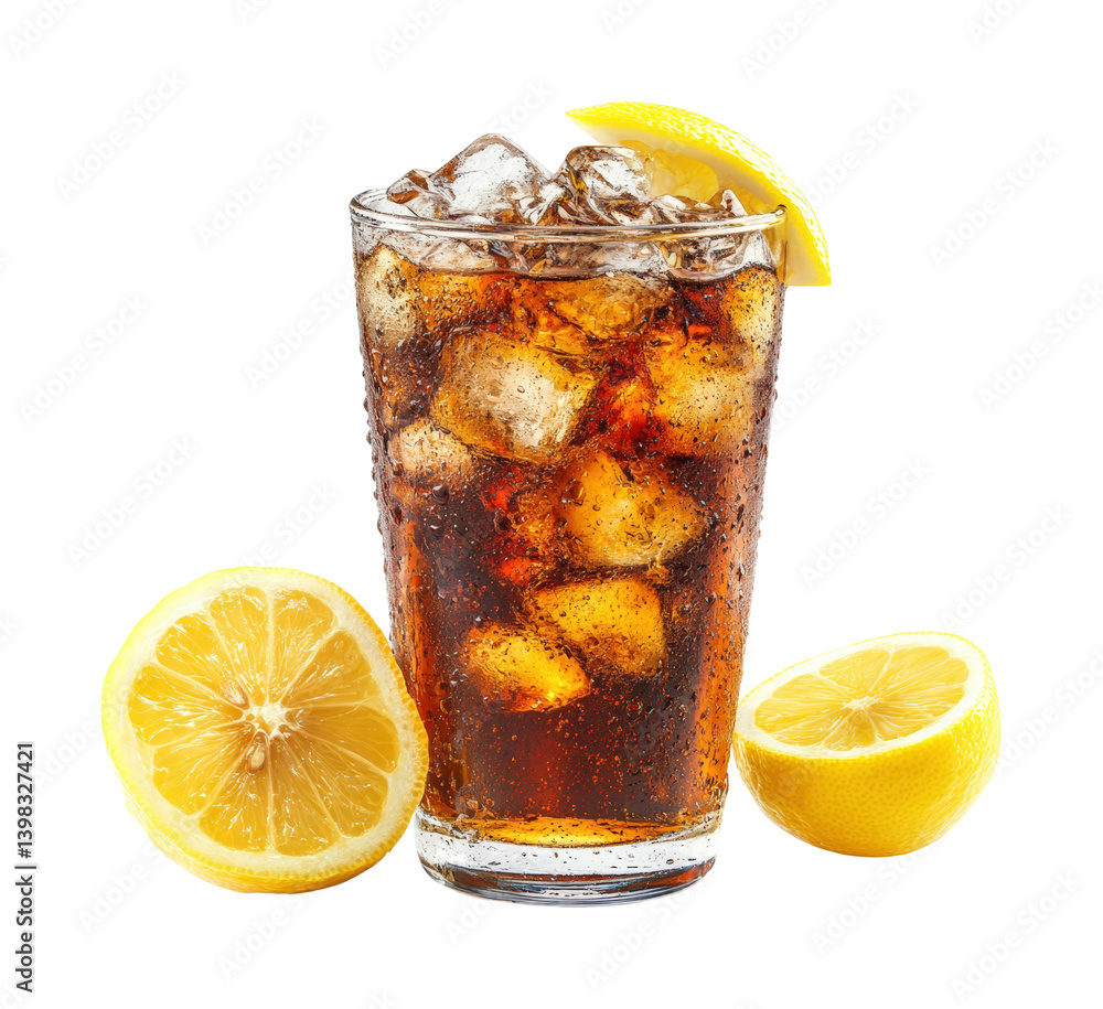 Refreshing iced lemon cola beverage kitchen food bright summer vibes. Isolated on transparent background, png.