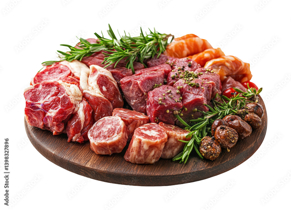 Gourmet meat platter showcase culinary event food rustic kitchen top-down view culinary. Isolated on transparent background, png. Gourmet meat platter showcase culinary event food rustic kitchen top-down view culinary. Isolated on transparent background, png.
