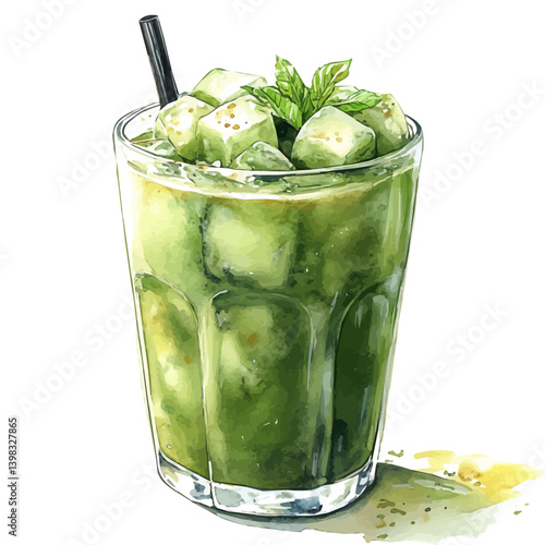 Iced Matcha Latte, watercolor vector, isolated on a white background.