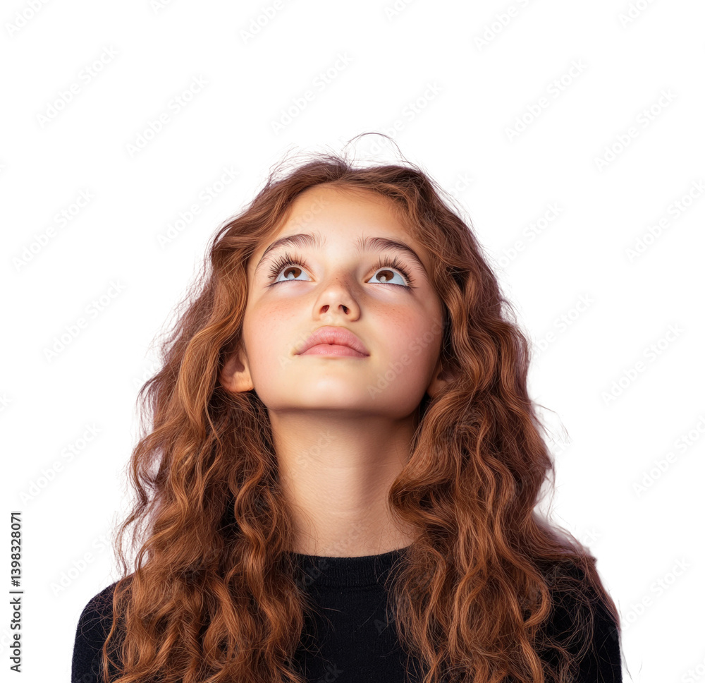 Curious girl gazing upwards portrait bright environment child's perspective. Isolated on transparent background, png. Curious girl gazing upwards portrait bright environment child's perspective. Isolated on transparent background, png.