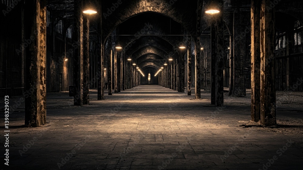 Fototapeta premium A dark abandoned interior with large pillars and overhead lights