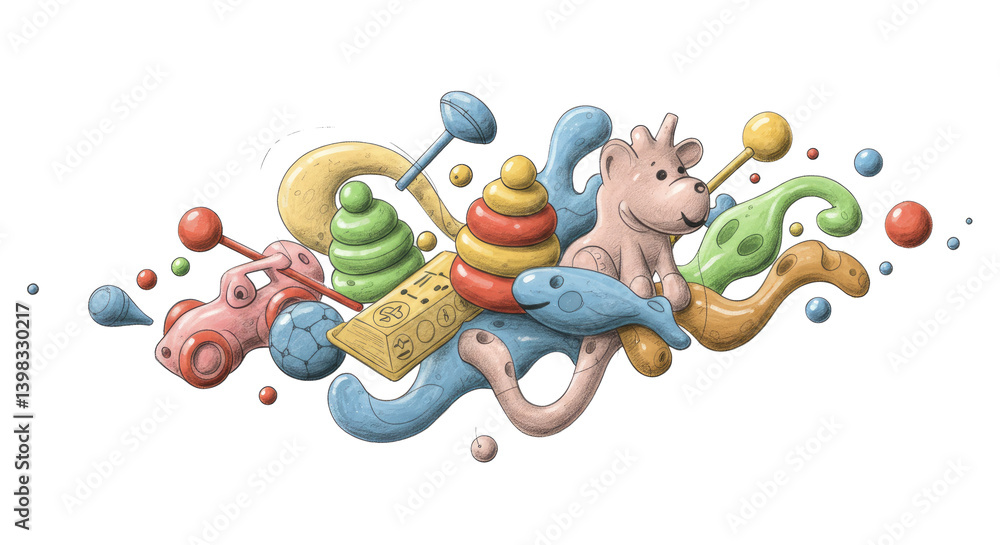 Obraz premium children toys-like abstract forms combined with pencil-drawn lines.clean white backgruond 