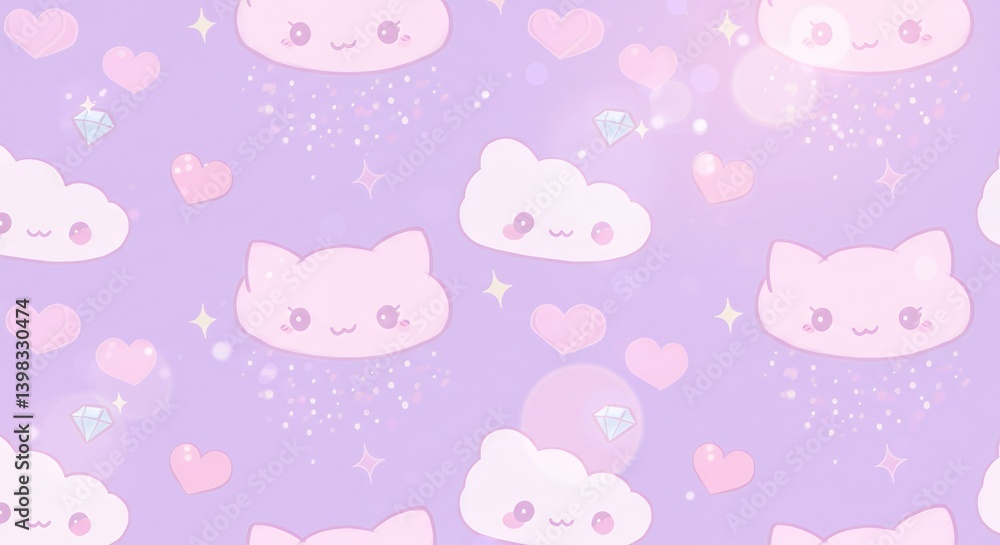 Cute Pastel Pattern with Clouds, Hearts, and Diamonds Cute Pastel Pattern with Clouds, Hearts, and Diamonds