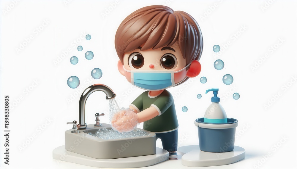 Child washing hands at home hygiene awareness 3d animation clean environment close-up Child washing hands at home hygiene awareness 3d animation clean environment close-up