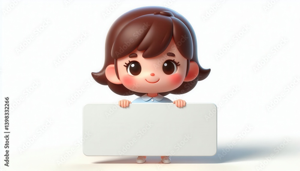 Cheerful cartoon girl holding blank sign studio setting digital art bright colors front view Cheerful cartoon girl holding blank sign studio setting digital art bright colors front view
