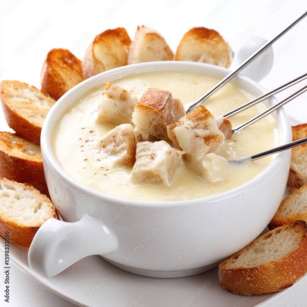 Cheese fondue with bread cubes served in isolated on white background Cheese fondue with bread cubes served in isolated on white background