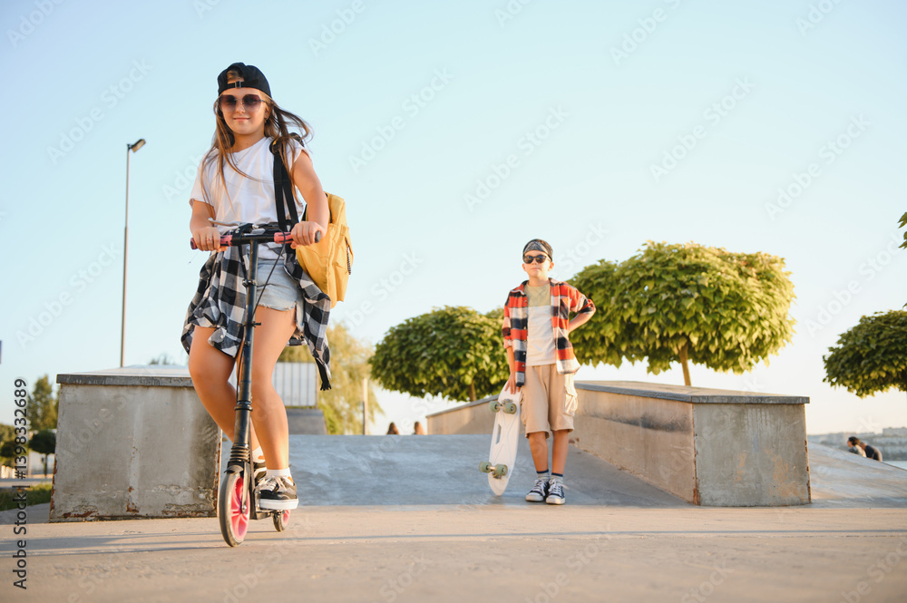 Obraz premium Dressed in stylish clothes, a boy and a girl at the skate park