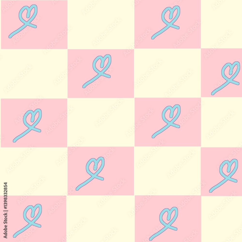 Seamless pattern with checkerboard-style checkered design in pastel pink and yellow. Each square is decorated with blue hearts icon Seamless pattern with checkerboard-style checkered design in pastel pink and yellow. Each square is decorated with blue hearts icon