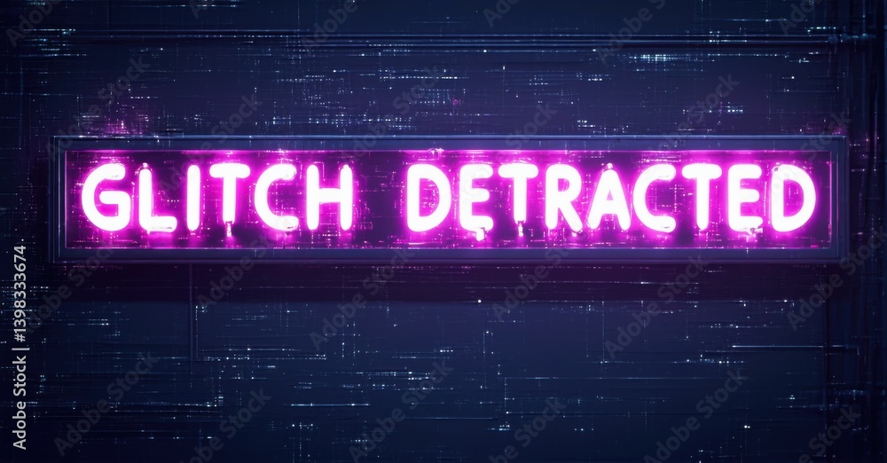 Obraz premium Neon glitch detected sign buzzing ominously in static filled text deep navy and muted silver symbolizing digital anomalies