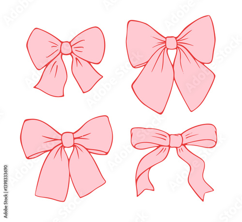 Ribbon bows vintage set. Coquette theme elements isolated. Cute retro vector illustration. Romantic hair accessory. Hand drawn trendy clipart. Girly icon set. Lovely cottage core feminine graphics.