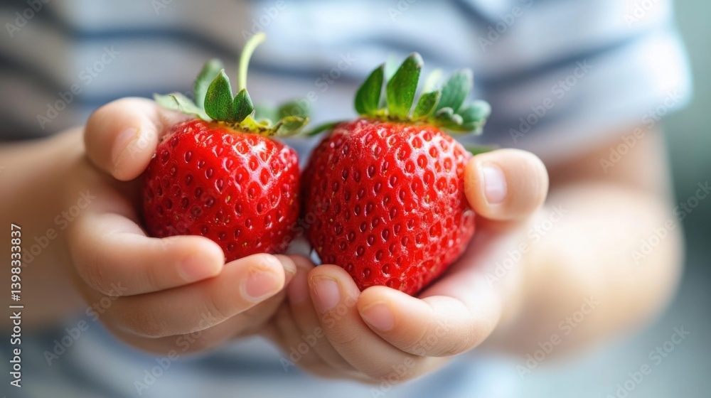 Fototapeta premium Child holding a strawberry and preparing to eat it
