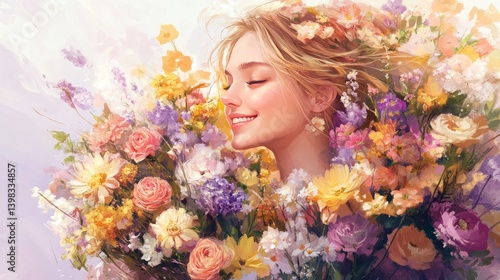 Woman Profile Surrounded by a Lush Arrangement of Pastel Flowers on a Soft Watercolor Background