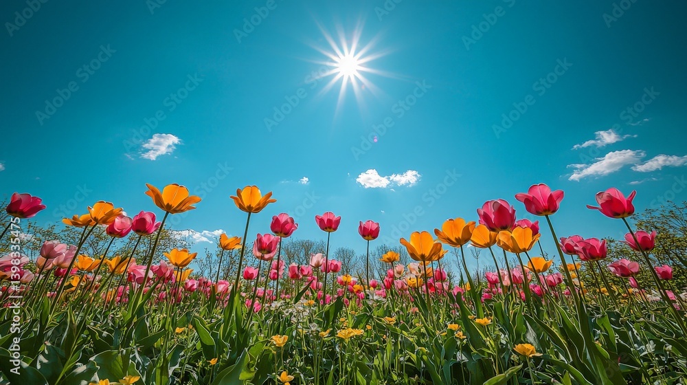 Spring Tulips Bloom in Field Under Sunny Sky
