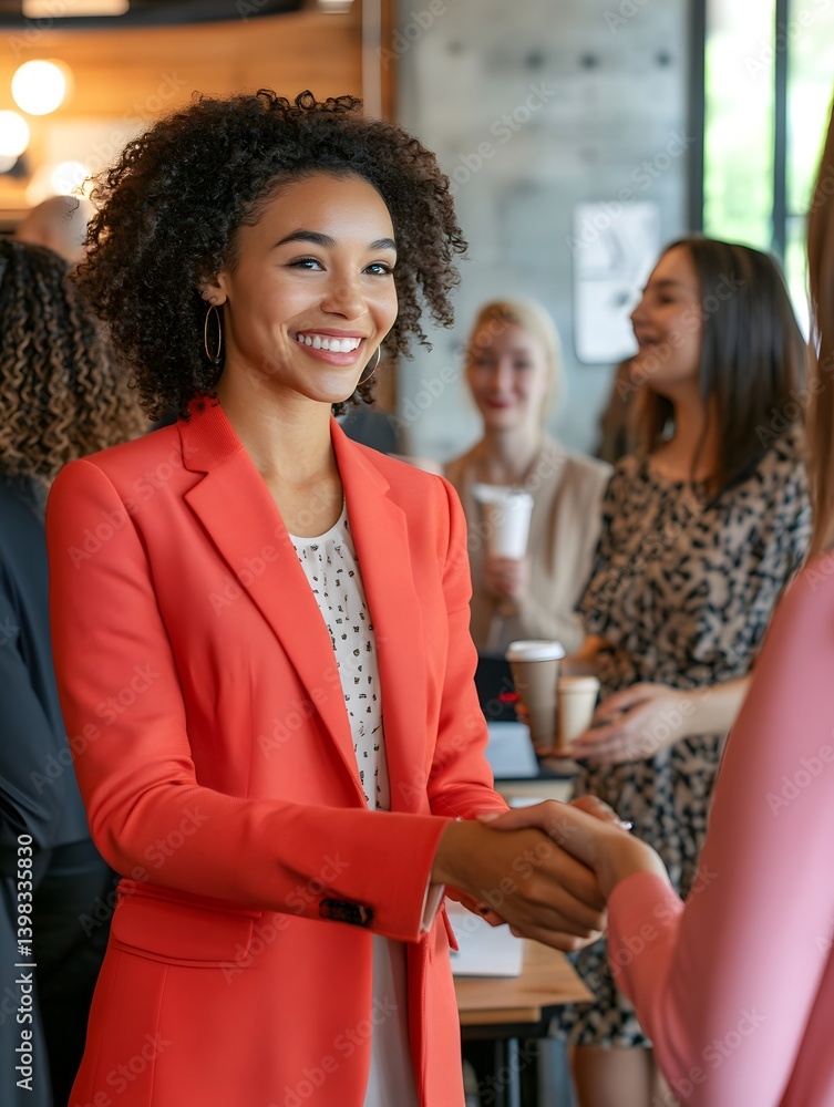 Multi-Ethnic Businesswomen in a Dynamic Networking Event, Shaking Hands and Smiling
