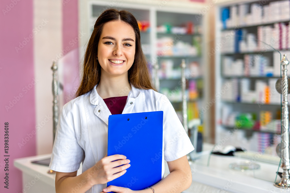 Portrait of professional smiling healthcare worker in the pharmacy store holding the checklist. Portrait of professional smiling healthcare worker in the pharmacy store holding the checklist.