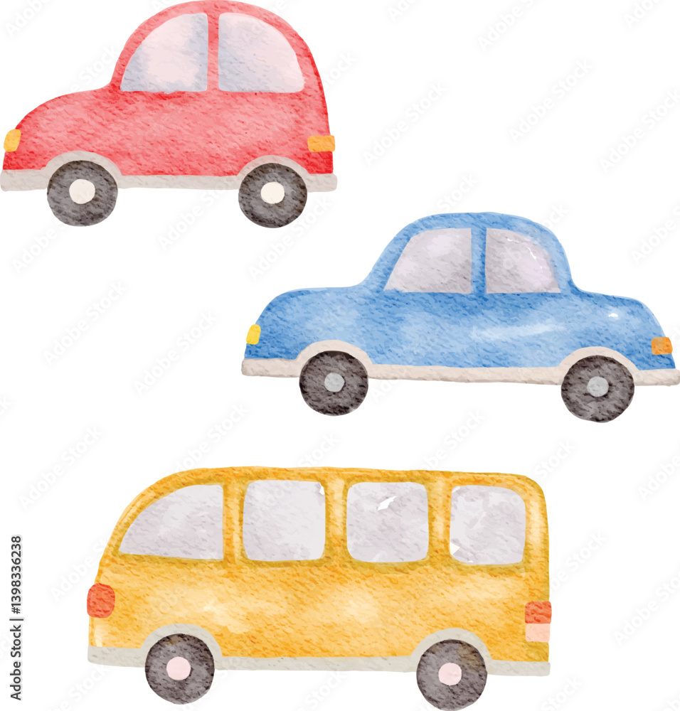 collection of childish cars watercolor isolated on white background. painting design for kids poster, card, and print collection of childish cars watercolor isolated on white background. painting design for kids poster, card, and print
