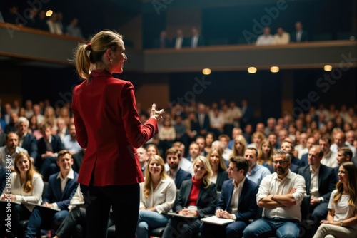 Confident business woman motivational speaker inspiring success on stage