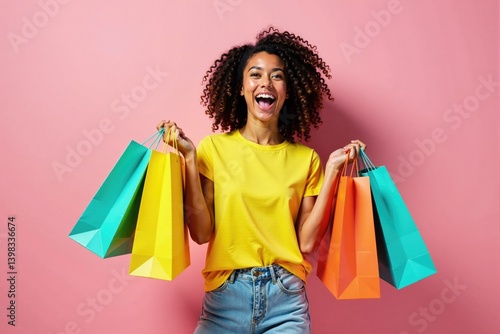 Joyful young woman with shopping bags in stylish summer outfit – vibrant portrait