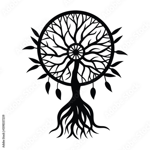 A dreamcatcher turning into a tree on white background.