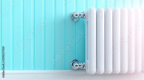 Wallpaper Mural A sleek white radiator against a bright blue wall showcases modern design and functionality, harmonizing aesthetic appeal with a sense of warmth and comfort in the interior space. Torontodigital.ca