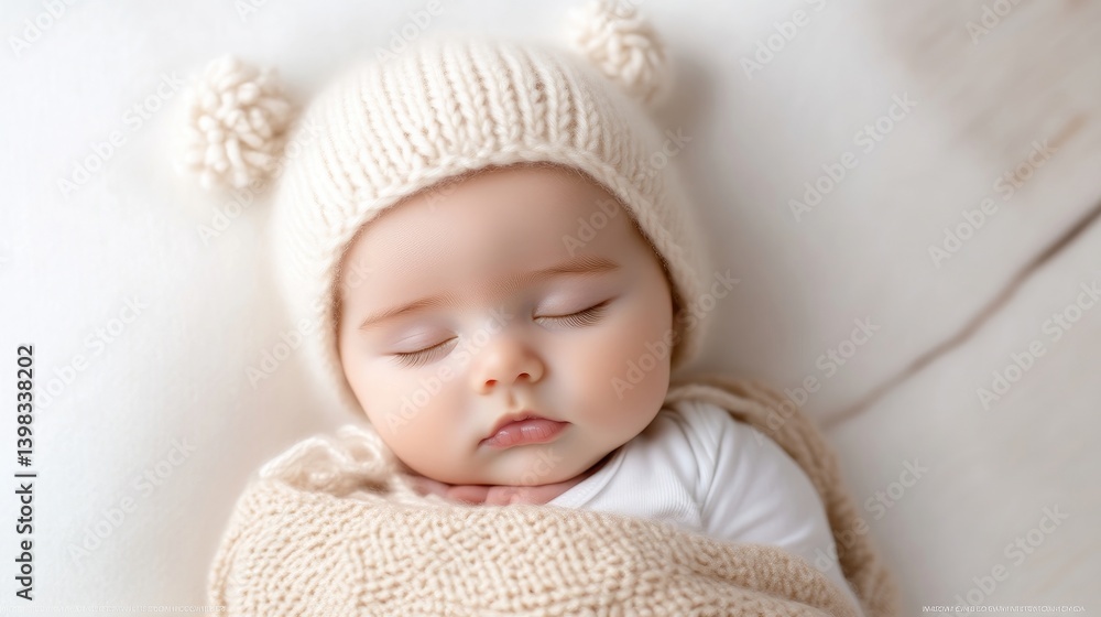 Infant in Knit Hat and Blanket Soft Gentle Style High-Resolution Soft Lighting Close-up Portrait View Peaceful Slumber Neutral Background Creamy Warm Tones Ideal for Baby Products Infant in Knit Hat and Blanket Soft Gentle Style High-Resolution Soft Lighting Close-up Portrait View Peaceful Slumber Neutral Background Creamy Warm Tones Ideal for Baby Products