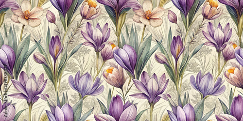 A vibrant floral pattern featuring purple and cream flowers.
