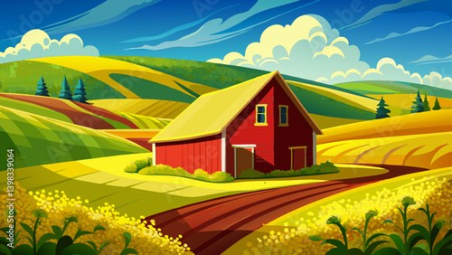 Red barn and canola field in Palouse, WA