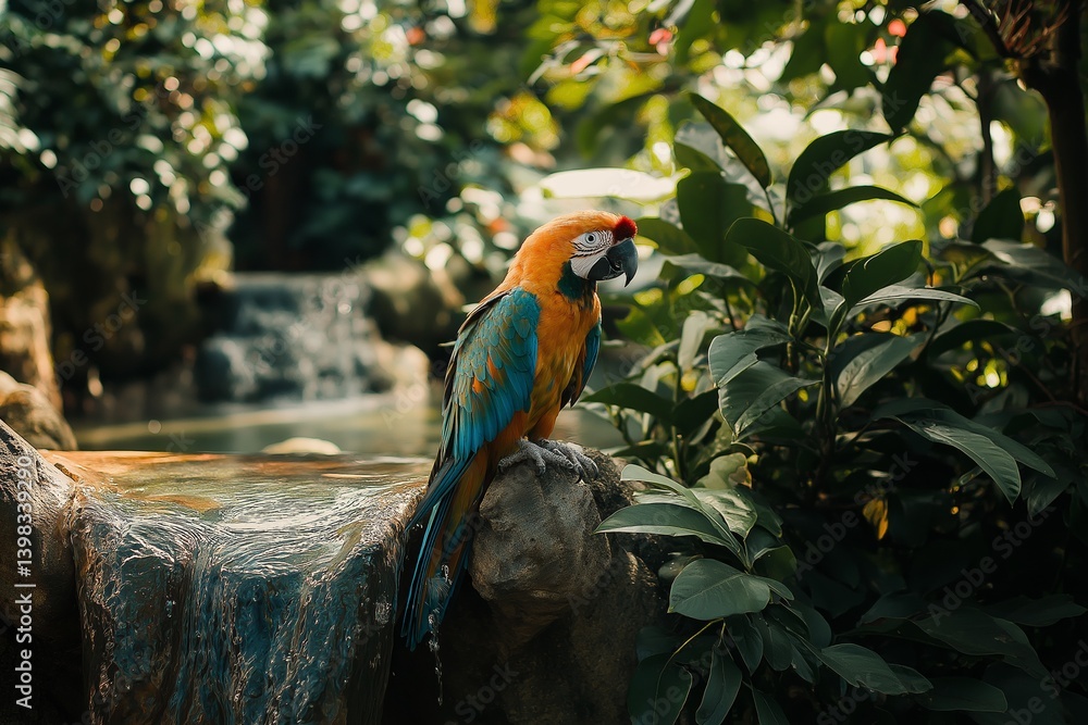 A colorful parrot resting near a serene waterfall in lush greenery.