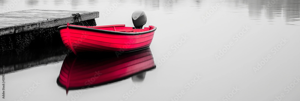 A striking red boat is anchored near a wooden pier on still waters, creating a beautiful reflection.