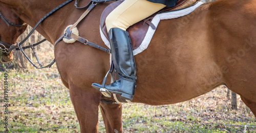 A person riding a horse in English riding boots and saddle in a banner format.